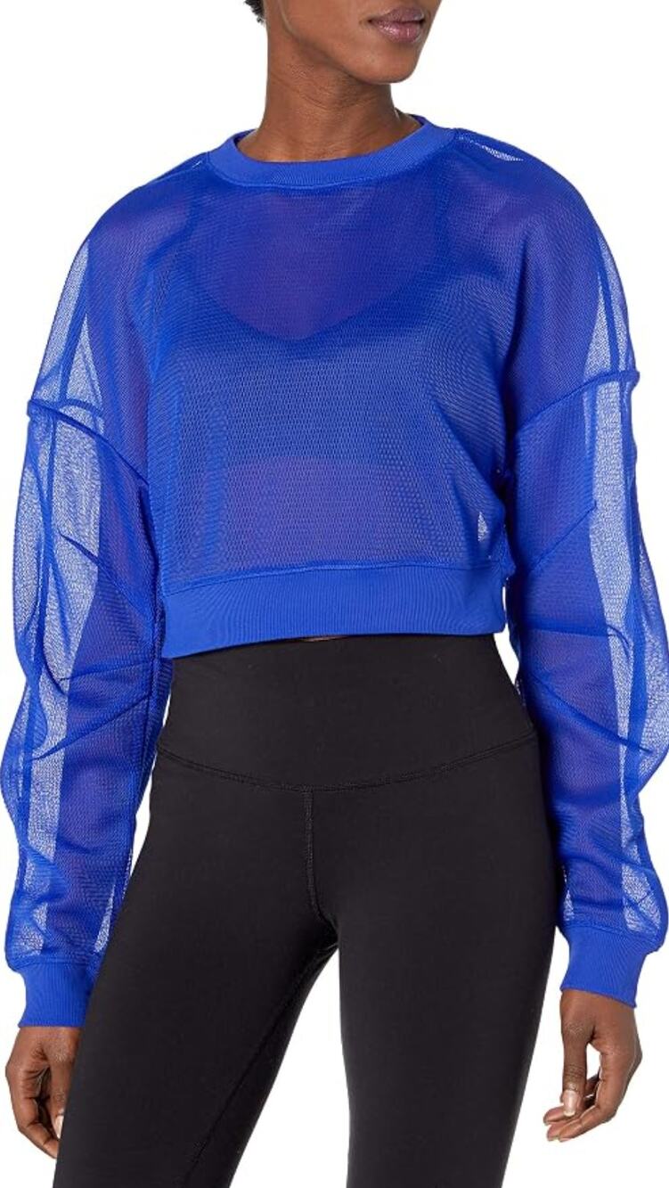 Alo Yoga Row Long Sleeve Top Small Blue Mesh Cropped Sheer Oversized Layering